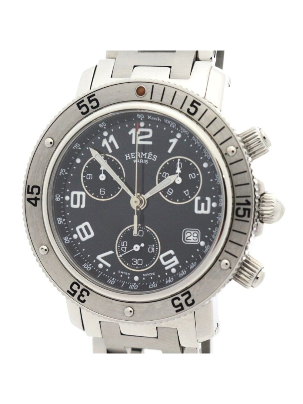 Hermes Clipper Diver Chrono Watch Stainless Black Dial Quartz